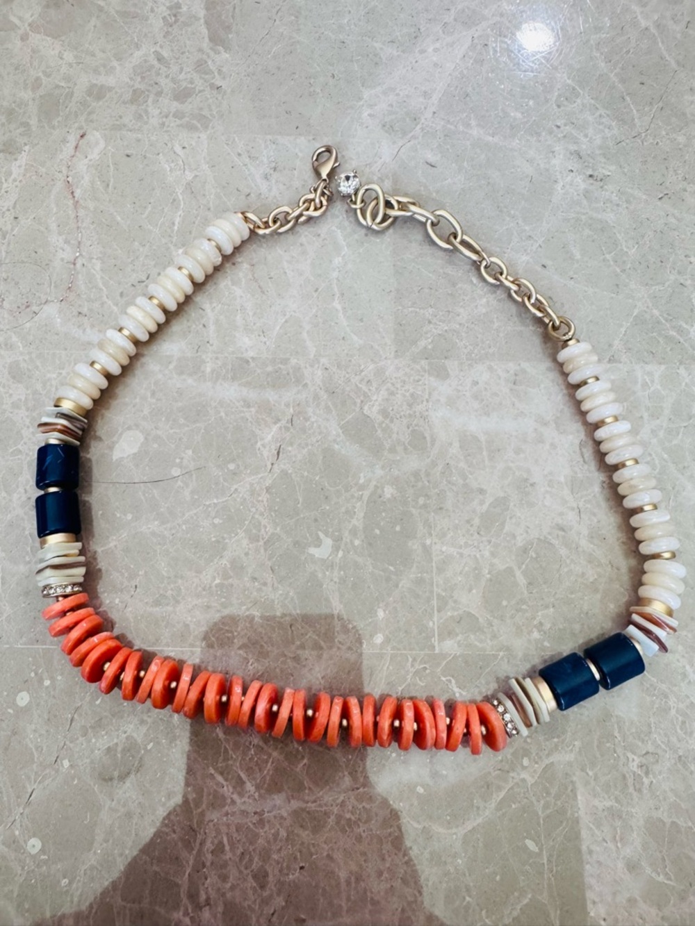 Gold Chain Necklace with Coral and Navy Bead Accents